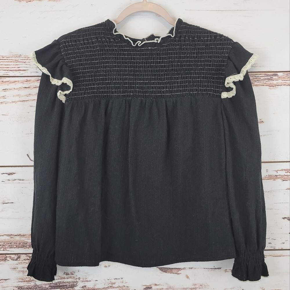 NWT Zara Girls Black Long Sleeve Ruffle Top  11-12
